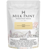 Homestead House Sand Milk Paint 50g pouch with coverage information and safety labels on the front.
