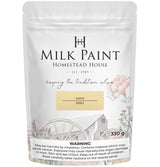 Homestead House Sand Milk Paint 330g bag with barn art and warning label on packaging.