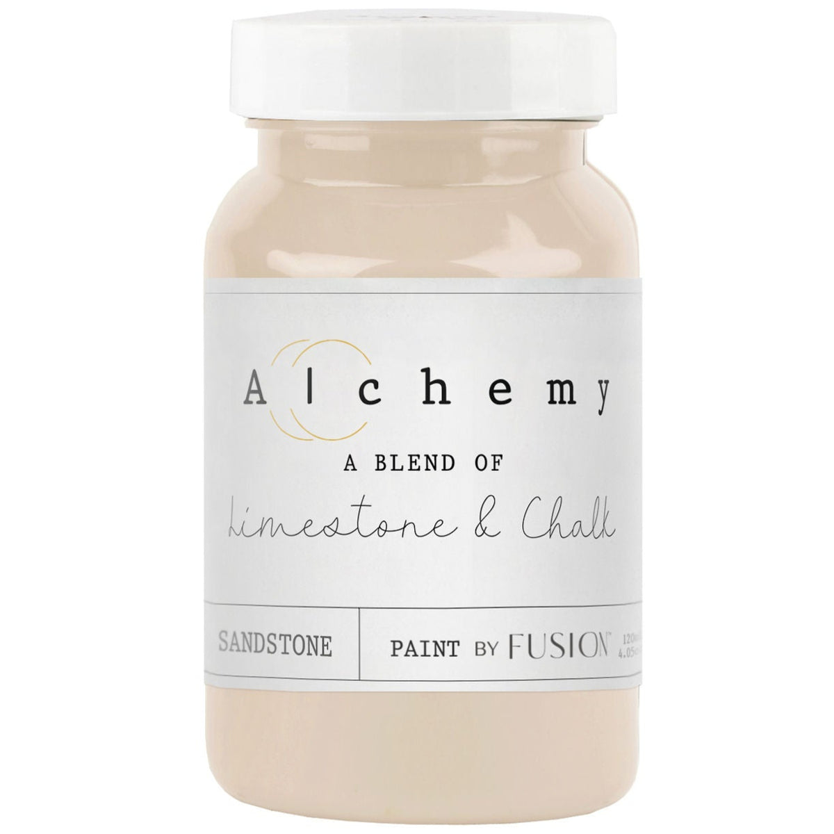 Sandstone Alchemy Paint by Fusion Mineral Paint, beige chalk-style, in a jar with a white lid.