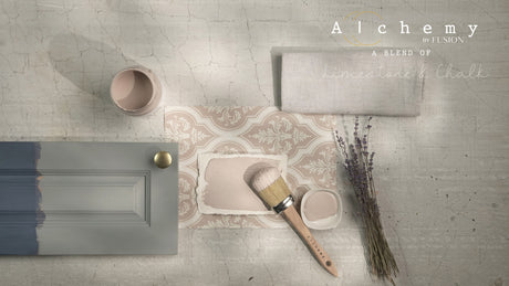 Cabinet door painted with Sandstone Alchemy by Fusion Mineral Paint, shown with tile, lavender, and fabric samples.