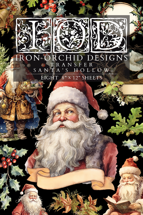 I.O.D. Santa’s Hollow Transfer, 2025 Limited Release, set of eight 8x12 sheets with vintage Santa and Christmas art.