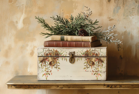 Santa’s Hollow Transfer (2025 Limited Release) by I.O.D. with decorative box and two old books on wooden shelf.