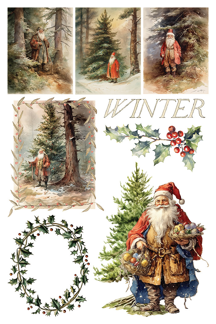 Vintage Santa with holly and wreath, watercolor style, inspired by I.O.D. Santa’s Hollow Transfer 2025 Limited Release.