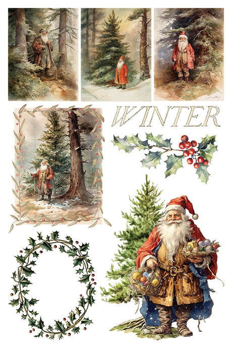 Vintage Santa with holly and wreath, watercolor style, inspired by I.O.D. Santa’s Hollow Transfer 2025 Limited Release.