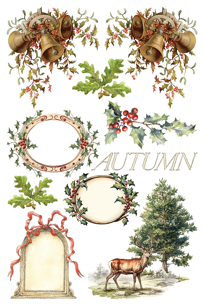 Santa’s Hollow Transfer by I.O.D., 2025 Limited Release: Victorian autumn stickers with bells, holly, oak leaves, stag.