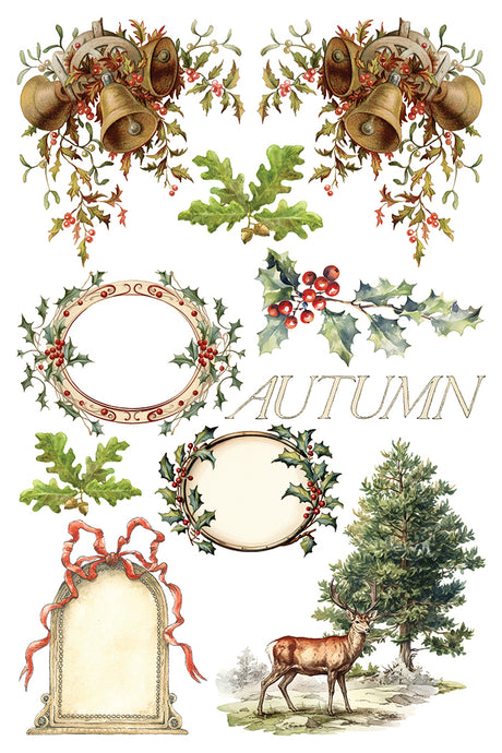 Santa’s Hollow Transfer by I.O.D., 2025 Limited Release: Victorian autumn stickers with bells, holly, oak leaves, stag.