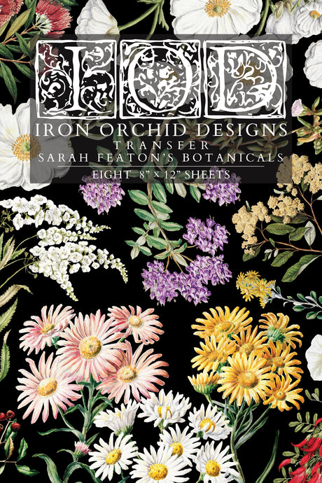Sarah Featon’s Botanicals Transfer by I.O.D. featuring vibrant floral designs on a black background.