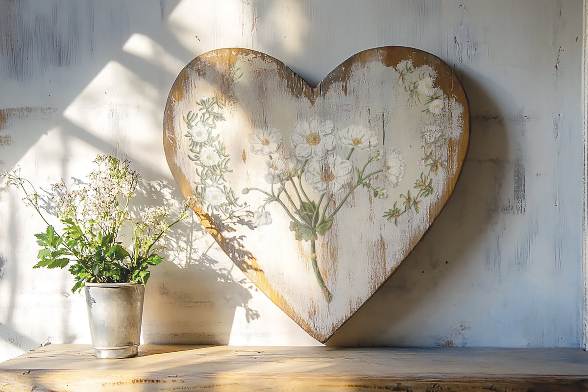 Heart-shaped wall art with painted flowers, I.O.D. Sarah Featon’s Botanicals Transfer, and white floral vase design.
