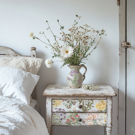 White bed next to rustic nightstand featuring I.O.D. Sarah Featon’s Botanicals Transfer and wildflowers in a vase.