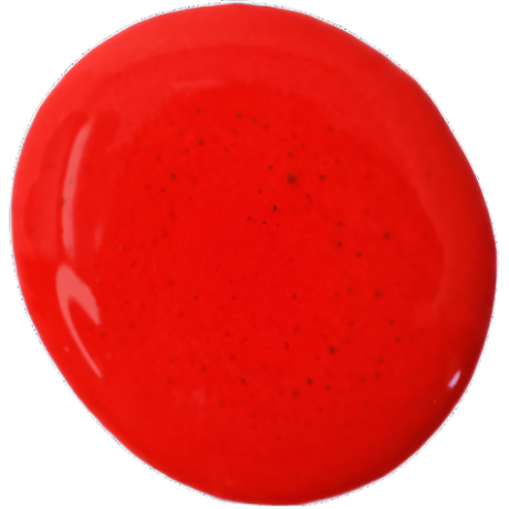 Round, glossy Scarlet – Sweet Pickins Milk Paint splatter with black specks on white background.