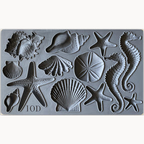 I.O.D. Sea Shells Mould with starfish, seahorses, sand dollars, and shells arranged in rows.