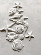 Sea Shells Mould by I.O.D. showing white seashells, a starfish, and sand dollar.