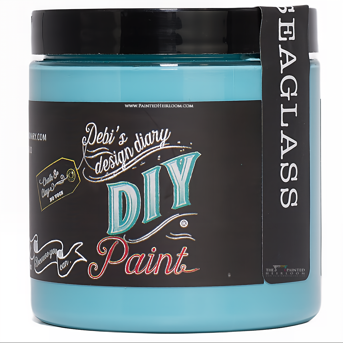 Seaglass DIY Paint by DIY Paint Co., clay and chalk-based, black label and lid, eco-friendly blue color.