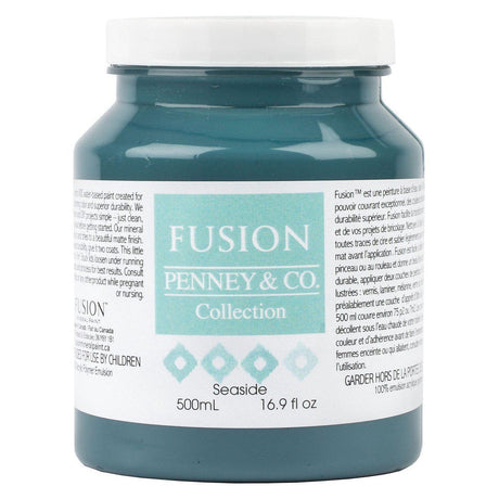 500mL jar of Seaside Fusion Mineral Paint, coastal blue, with a white and teal label.
