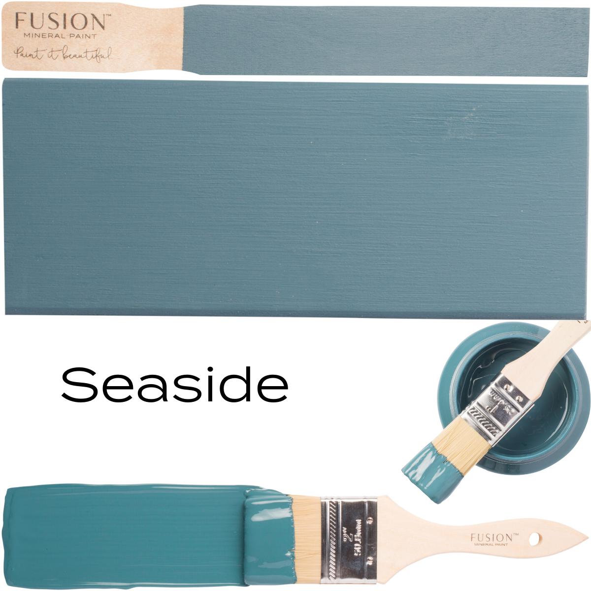 Rectangular Seaside Fusion Mineral Paint swatch with brush and Fusion Mineral Paint can nearby.