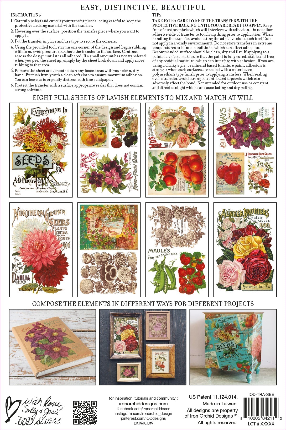 Grid of twelve square designs featuring vintage floral and fruit illustrations from IOD Seed Catalogue Transfer.
