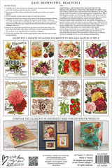 Grid of twelve square designs featuring vintage floral and fruit illustrations from IOD Seed Catalogue Transfer.