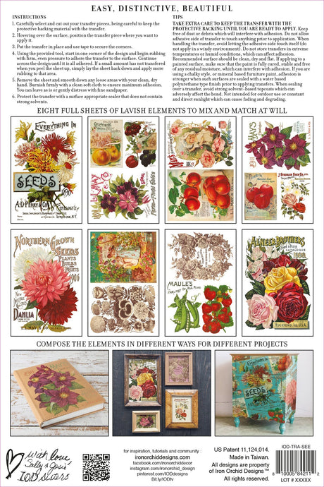 Grid of twelve square designs featuring vintage floral and fruit illustrations from IOD Seed Catalogue Transfer.