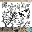 Black and white blooming branches and birds design made with I.O.D. Shade & Song Stamp by Iron Orchid Designs.