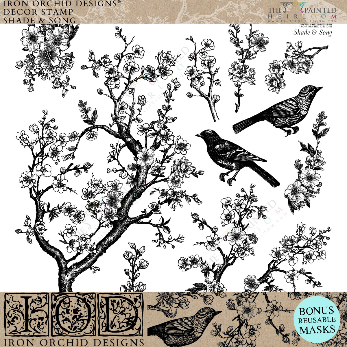 Black and white blooming branches and birds design made with I.O.D. Shade & Song Stamp by Iron Orchid Designs.