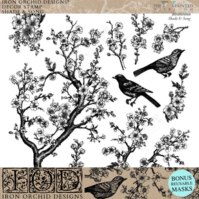 Black and white blooming branches and birds design made with I.O.D. Shade & Song Stamp by Iron Orchid Designs.