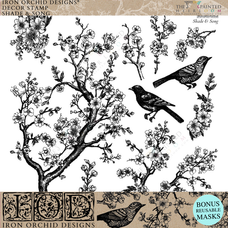 Black and white blooming branches and birds design made with I.O.D. Shade & Song Stamp by Iron Orchid Designs.