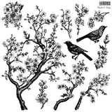 Black and white branches and birds stamped with I.O.D. Shade & Song Stamp by Iron Orchid Designs.