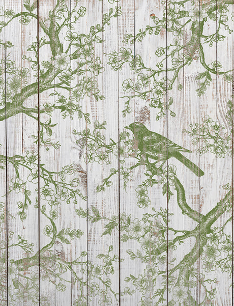 I.O.D. Shade & Song Stamp by Iron Orchid Designs showing green branch and bird on white wood with floral patterns.