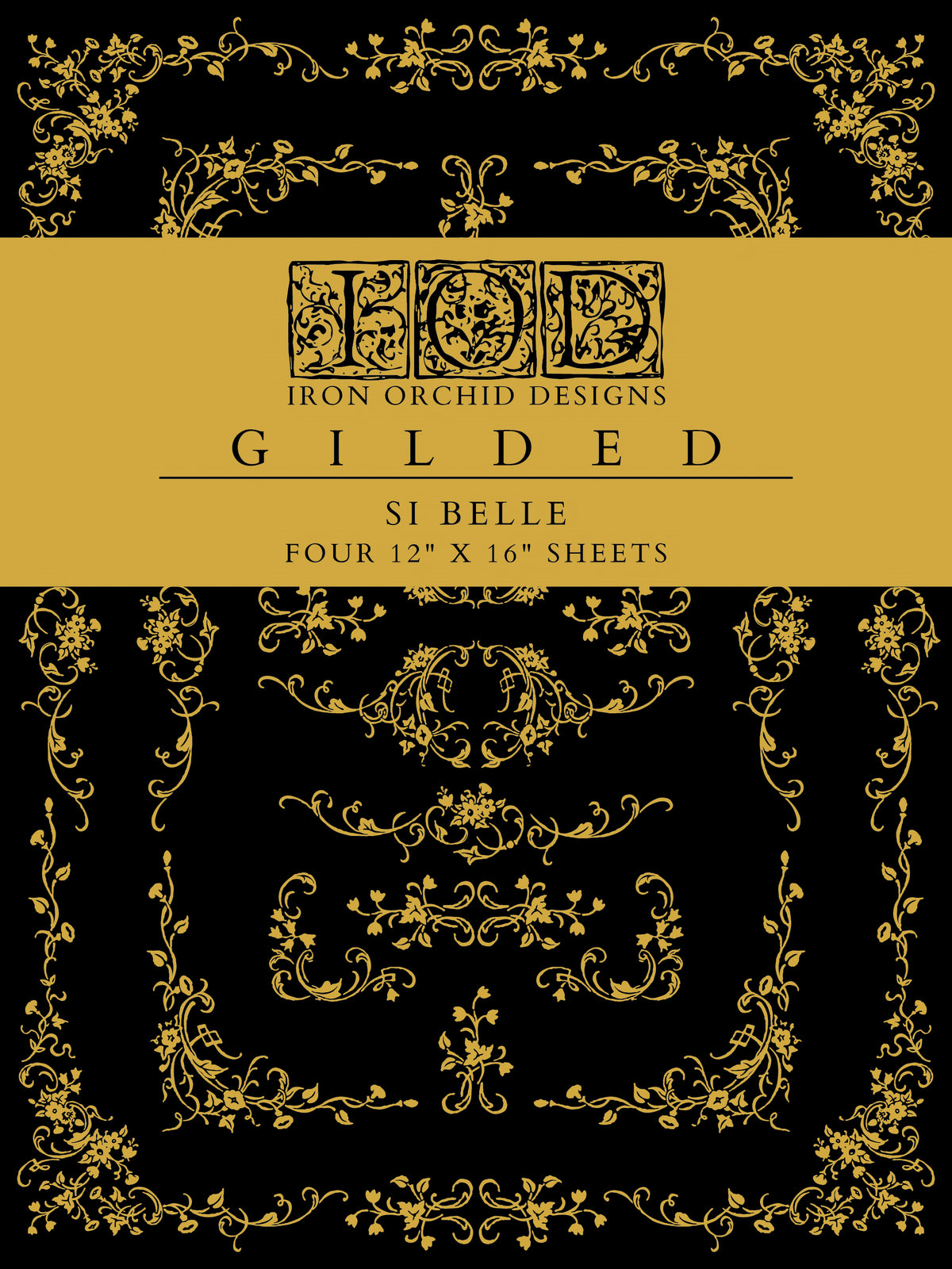 Black with gold ornate designs using I.O.D. Si Belle Gilded Transfer, four 12x16 gilded foil decor sheets.