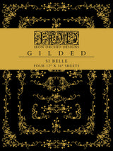 Black with gold ornate designs using I.O.D. Si Belle Gilded Transfer, four 12x16 gilded foil decor sheets.