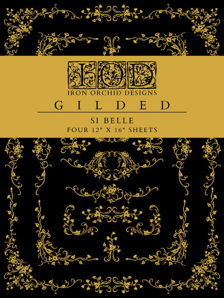 Black with gold ornate designs using I.O.D. Si Belle Gilded Transfer, four 12x16 gilded foil decor sheets.