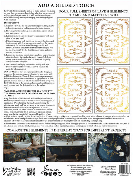 Si Belle Gilded Transfer by IOD, four sheets with gold, bronze, copper, and silver corner designs.