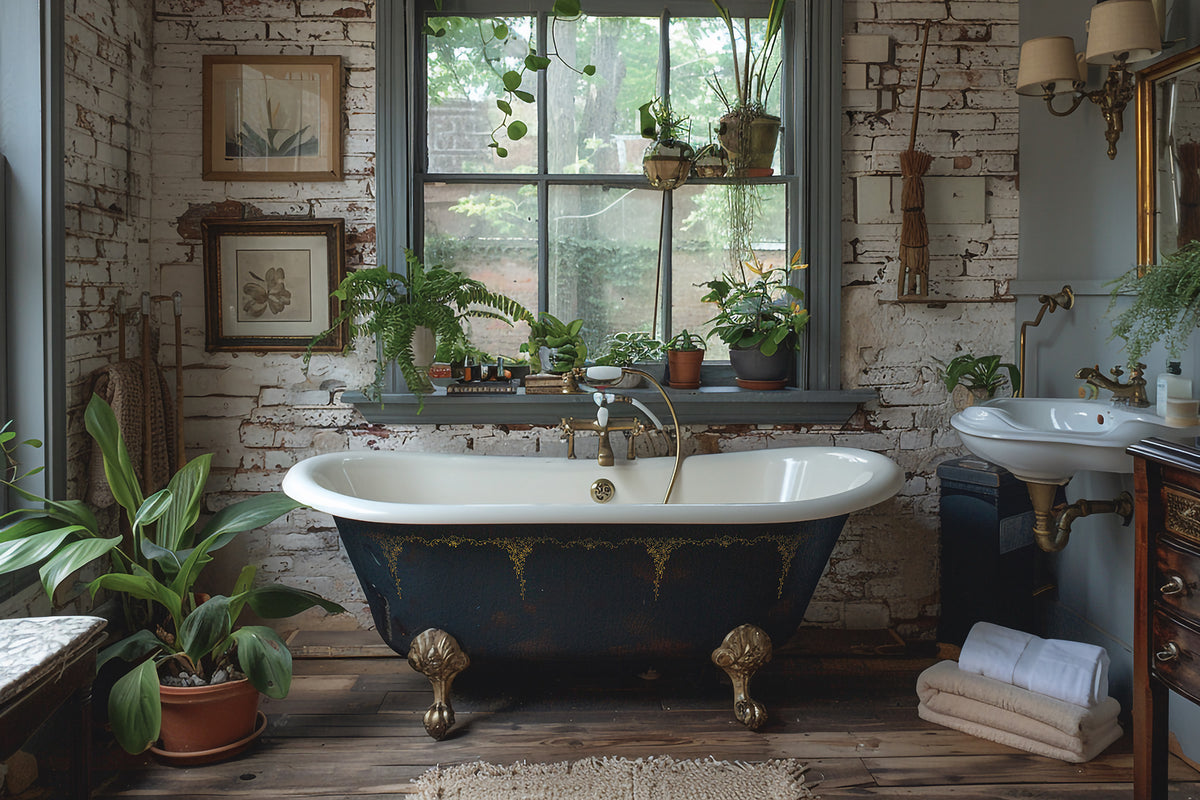 Vintage clawfoot tub with I.O.D. Si Belle Gilded Transfer accents, surrounded by plants and framed art.