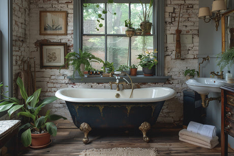 Vintage clawfoot tub with I.O.D. Si Belle Gilded Transfer accents, surrounded by plants and framed art.