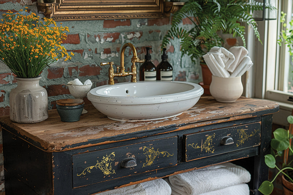 Rustic vanity featuring I.O.D. Si Belle Gilded Transfer, adding a vintage-inspired accent to a bathroom sink.