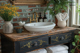 Rustic vanity featuring I.O.D. Si Belle Gilded Transfer, adding a vintage-inspired accent to a bathroom sink.