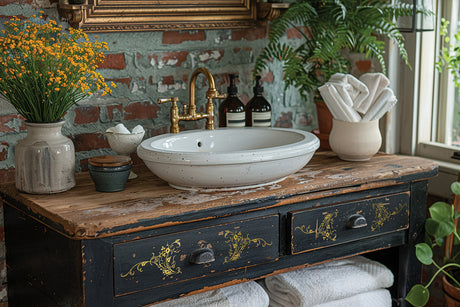 Rustic vanity featuring I.O.D. Si Belle Gilded Transfer, adding a vintage-inspired accent to a bathroom sink.
