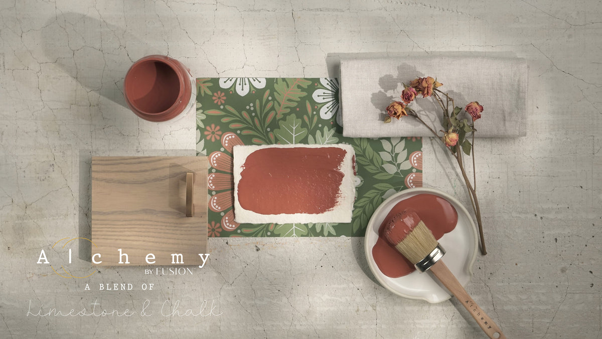 Alchemy by Fusion Digital Downloads with brush, wood sample, floral card, dried florals, and linen on textured surface.