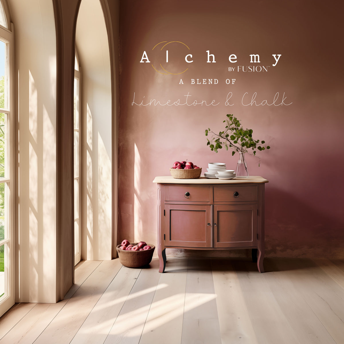 Sideboard in Sienna Alchemy Paint by Fusion Mineral Paint, topped with apples and a vase.