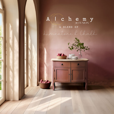 Sideboard in Sienna Alchemy Paint by Fusion Mineral Paint, topped with apples and a vase.