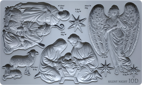 Silent Night Mould (2026 Limited Release) by I.O.D. with Mary, Joseph, baby, angel, and sheep figures plus sizes and weights.