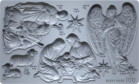 Silent Night Mould (2026 Limited Release) by I.O.D. with Mary, Joseph, baby, angel, and sheep figures plus sizes and weights.