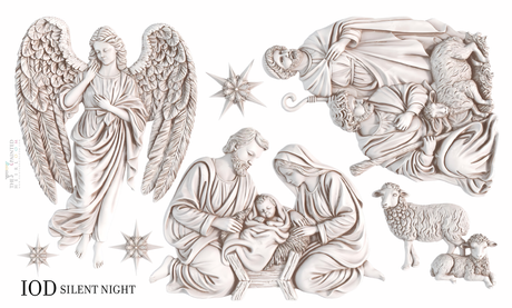 Silent Night Mould (2026 Limited Release) by I.O.D. featuring angel, Mary, Joseph, baby Jesus, shepherds, sheep, stars.