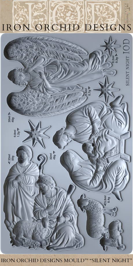 Silent Night Mould (2026 Limited Release) by IOD for crafting nativity figures: Mary, Joseph, Jesus, and others.