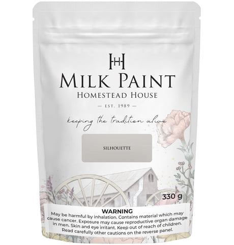 330g Homestead House Silhouette Milk Paint bag with farmhouse illustration and safety warning label.