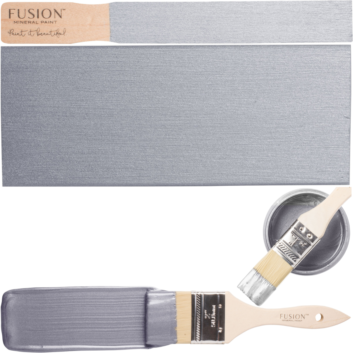 Silver Metallic Fusion Mineral Paint with paintbrush, color swatch, can, and close-up of metallic-coated bristles.