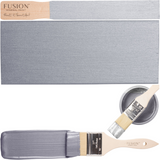 Silver Metallic Fusion Mineral Paint with paintbrush, color swatch, can, and close-up of metallic-coated bristles.