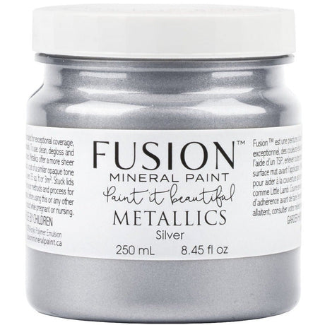 Fusion Mineral Paint Silver Metallic, 250 mL jar with label showing product details.