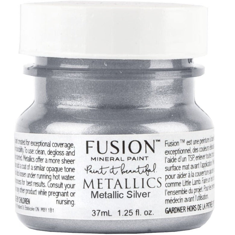 Fusion Mineral Paint Silver Metallic, 1.25 fl oz jar with white label and gray lid.