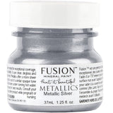 Fusion Mineral Paint Silver Metallic, 1.25 fl oz jar with white label and gray lid.